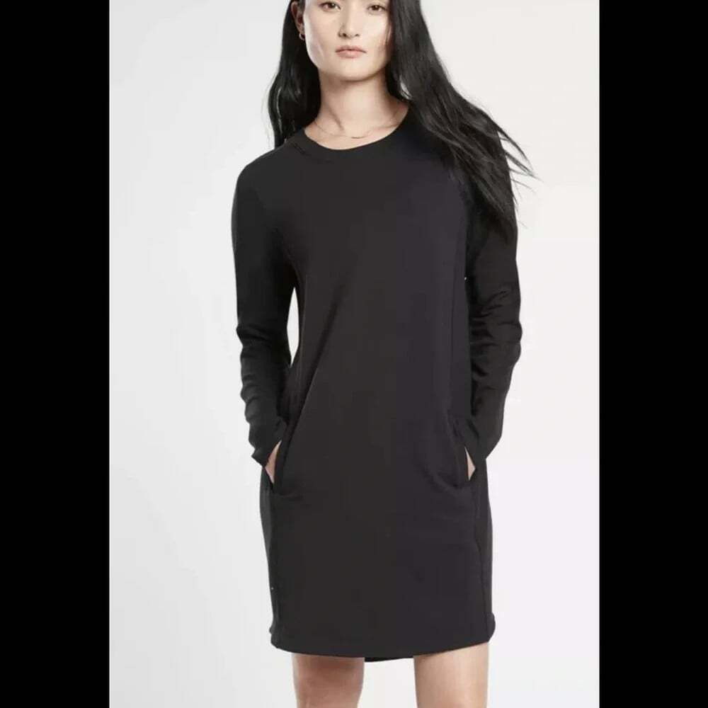 Athleta Women 2X Balance Dress French Terry Knit Black Long Sleeve Above Knee